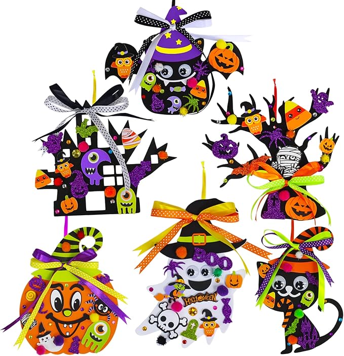 Winlyn 24 Sets Halloween Craft Kits DIY Halloween Pumpkin Ghost Bat Black Tree Ornaments Decorations Art Sets Fall Crafts Foam Stickers Arts and Crafts Supplies Kit for Kids Party Classroom Activities