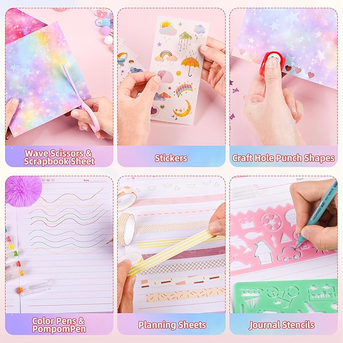 LiYiQ Plush Unicorn Diary Gift for Girls Kids Travel Journal Secret Diary with Scrapbook Paper Stickers Journal Stencils Pompom Pen and Washi Tape Practical Set Gift for Birthday Christma