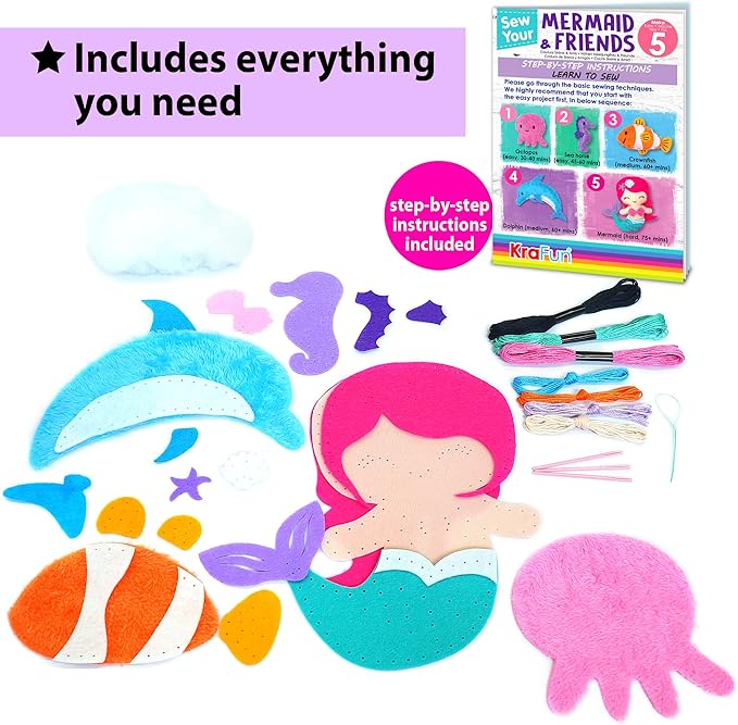 KRAFUN Mermaid Sea Animals Beginner Sewing Kit for Kids Art & Craft kit, Includes 5 Soft Plush Dolls, Instructions & Felt Materials for Learn to Sew, Embroidery Skills, Gift for Girls Educational