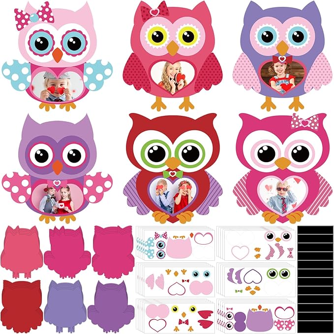 Yousoontic 30 Sets Valentines Picture Frame Craft for Kids DIY Owl Magnetic Picture Frame Make Your Own Paper Valentines Heart Photo Frame for Valentine's Day Home Party Favor Classroom Activities