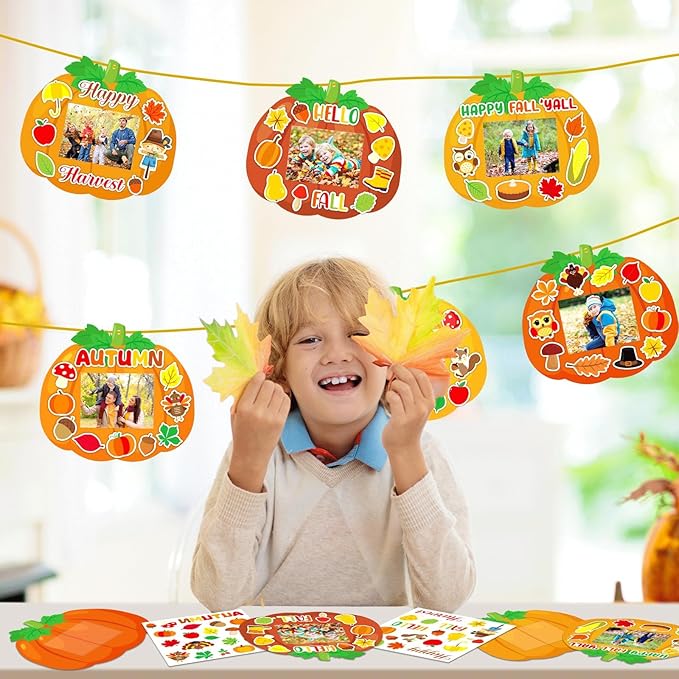 Qyeahkj 36 Sets Fall Thanksgiving Craft for Kids DIY Autumn Pumpkin Picture Frame Craft Kit with Easel Fun Photo Frame Craft and Arts Kit for Home Class Kindergarten Party Art Activity