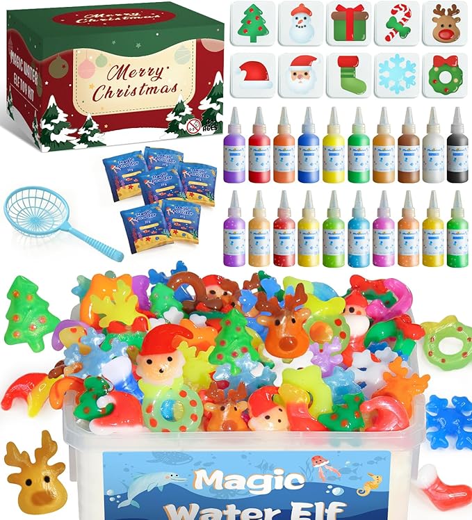 MINISENTIALS Magic Water Elf Toy Kit - Aqua Elves Water Gel Kit - Christmas Theme 20 Colors Magic Water Fairy Gel 10 Molds Squishy Maker - Party Favor Birthday Aqua Art DIY STEM Gifts for Kids