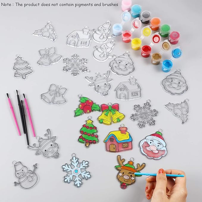 WILLBOND 24 Pieces Christmas Suncatchers Craft Assorted Sun Catcher Kits for Art Window Sun Catchers with 24 Pieces Suction Cups for Painting Crafts Christmas Home Decor Supplies