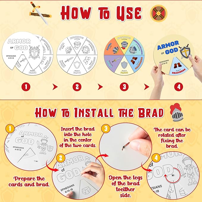 COcnny 24 Sets Armor Of God Color Wheel Craft, Color Your Own Knight Art for Kids, Religious Bible Coloring DIY Crafts Art Cards Game for Sunday School Christian Classroom Home Activities VBS Supplies