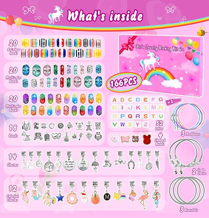 Girls Charm Bracelet Making Kit - 166 Pcs Unicorn Charms Bracelets Kits Kids Jewelry Supplies Make Set DIY Art Craft Set Creative Toys Birthday Gifts for Age 5 6 7 8 9 10 11 12 Year Old Girl Children