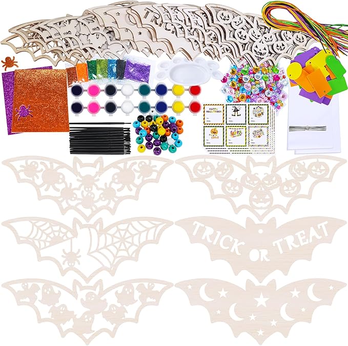 Winlyn 24 Sets Halloween Crafts Fall Crafts DIY Wooden Bat Ornaments Craft Kits Unfinished Paintable Wood Bats for Kids Home Classroom Activities Art Project Halloween Decorations Party Favors