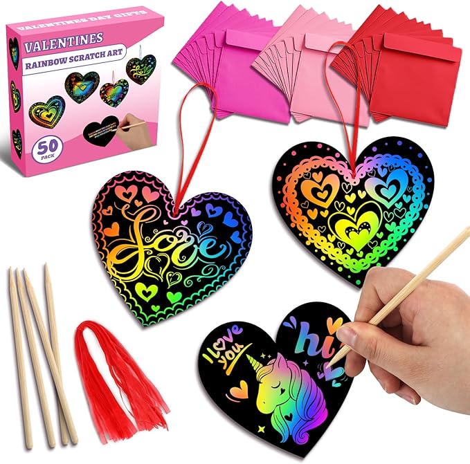 MDCGFOD 50 Pack Valentines Day Gifts for Kids, Rainbow Scratch Heart Crads Valentine Crafts for Kids - Create Magic Color Scratch Art for School Classroom Exchange Prizes Valentines Party Favors