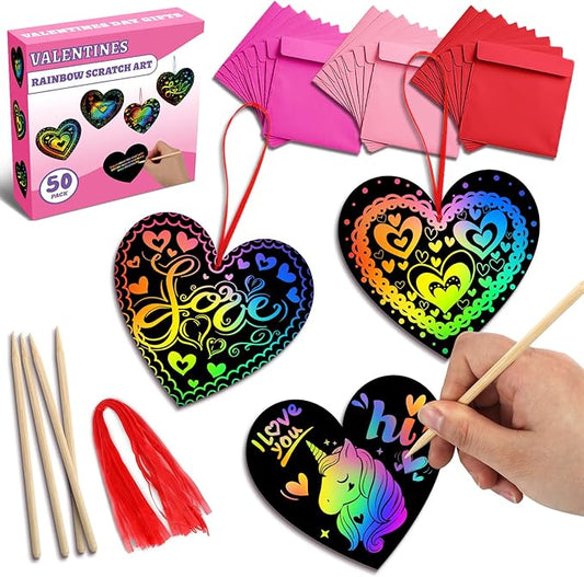 MDCGFOD 50 Pack Valentines Day Gifts for Kids, Rainbow Scratch Heart Crads Valentine Crafts for Kids - Create Magic Color Scratch Art for School Classroom Exchange Prizes Valentines Party Favors