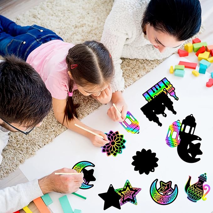 WATINC 60pcs Ramadan Scratch Paper Art Kit for Kids, Eid Mubarak Magic Color Scratch Off Cards Hanging Ornaments Craft, Al-Fitr Party Classroom Activity School DIY Drawing Project Supplies