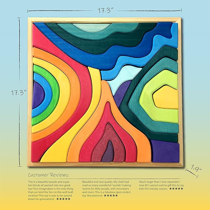 'Four Elements' Rainbow X-Large Rainbow Blocks, Wooden Toys for Kids, Geometric Building Puzzle, Volcano/House Educational Set