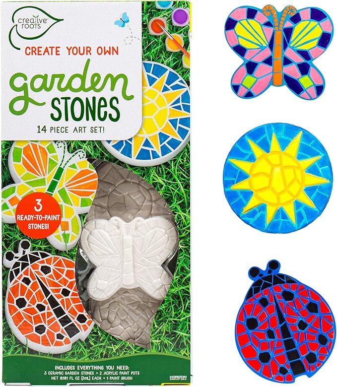 Creative Roots Mosaic Butterfly, Ladybug, & Sun Stepping Stone, Includes 3-Pack 4.5-Inch Ceramic Stepping Stone & 6 Vibrant Paints, Paint Your Own DIY Stepping Stone for Kids Ages 8+