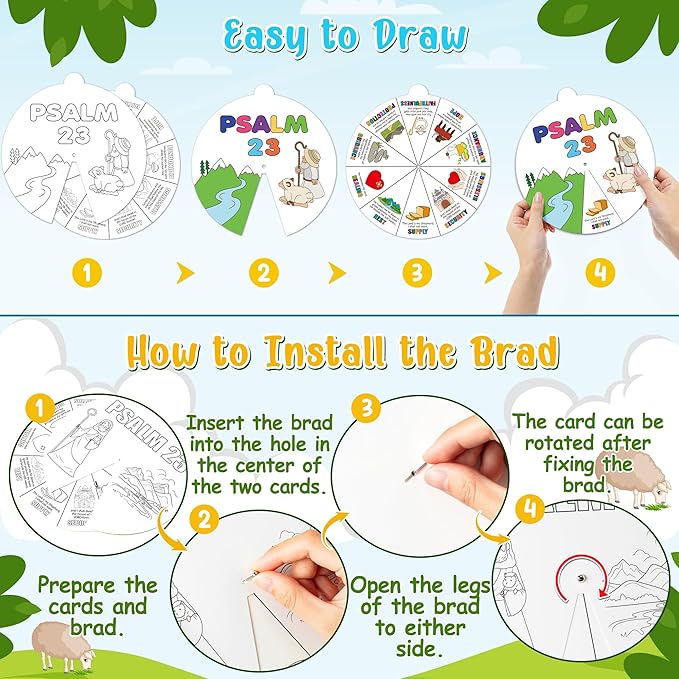 COcnny Psalm 23 Christian Coloring Craft - 24 Sets Color Your Own Religious Bible Wheel Cards for Kids, Baptism Verse Art Coloring Paper Game DIY Jesus Biblical Activities for Sunday School Class Home