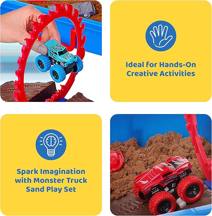 Dazmers Monster Truck Sand Play Set Sensory Kit, Sensory Bins with Lid, 2 Lbs of Sand, Jumps, Crushed Cars and Trucks, Indoor Sensory Bin for 3-4, 5 Year Old, Toddlers Sand Table