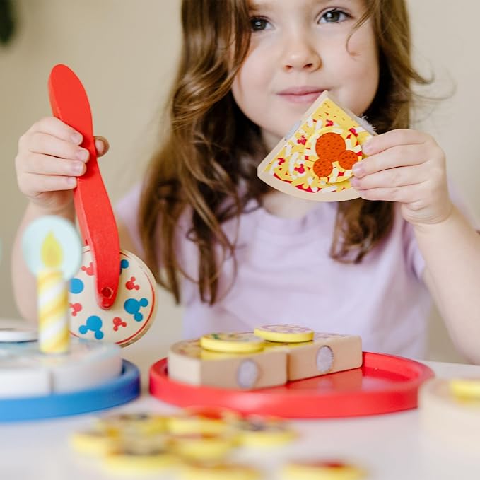 Melissa & Doug Mickey Mouse Wooden Pizza and Birthday Cake Set (32 pcs) - Play Food
