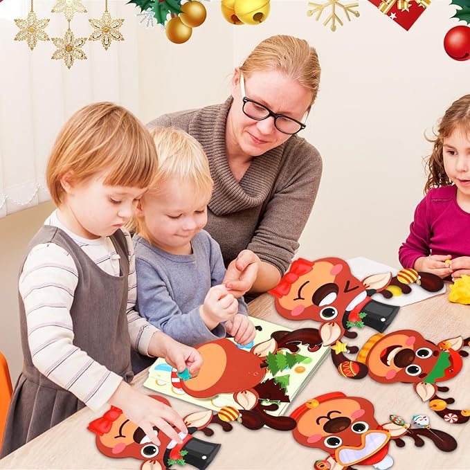 Pasimy 48 Pcs Christmas Crafts Kits for Kids Christmas Reindeer Ornament Crafts DIY Reindeer Ornament Kit Make Your Own Reindeer Craft Stickers for Holiday Xmas Classroom Party Favors