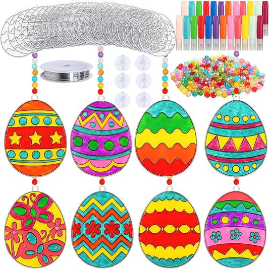 Qyeahkj 32 Sets Easter Suncatcher Crafts Kit for Kids DIY Egg Window Paint Suncatcher Arts Crafts Easter Window Ornament Decor for Easter Gift Classroom Art Project Gift Favor