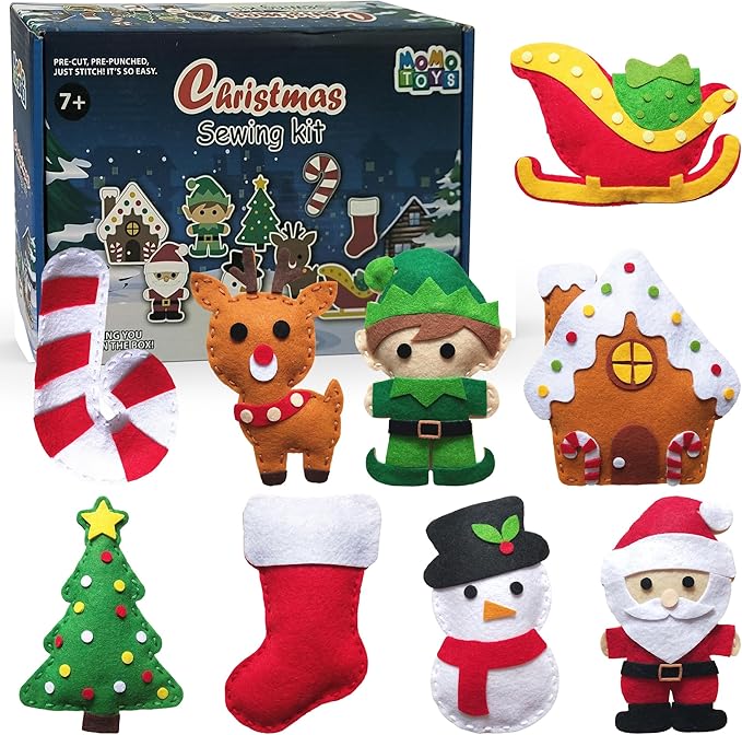 MOMOTOYS Sewing Kit for Kids, Fun & Educational Christmas Sew Craft Set for Boys and Girls Ages 8-12, Complete Beginner Sewing Kit with Felt Plushie for Creative DIY Projects