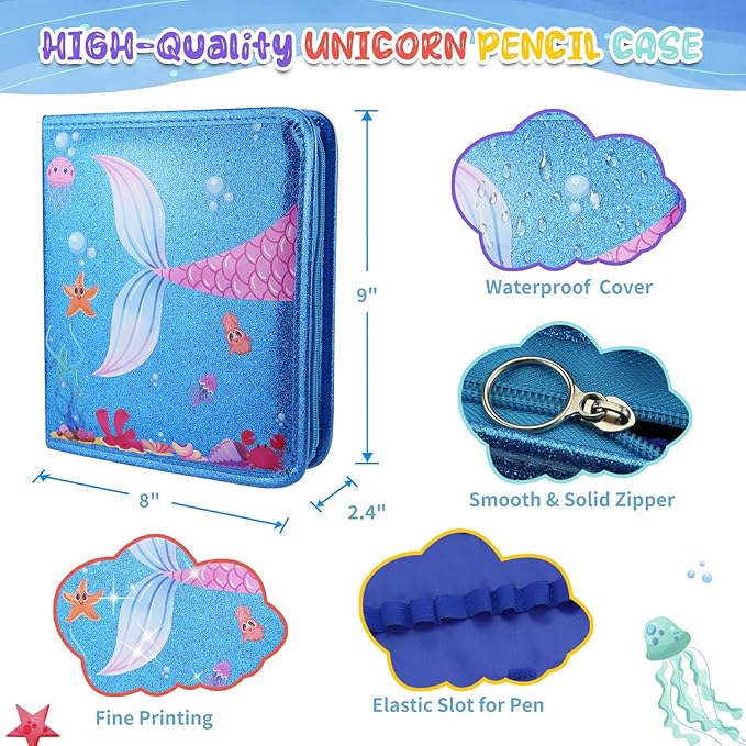 JAMIEWIN Markers Set with Glitter Mermaid Pencil Case, 59 Pcs Art and Craft Supplies Kit for Kids, Mermaid Gifts for Girls 4-9 Year Old for Christmas Birthday