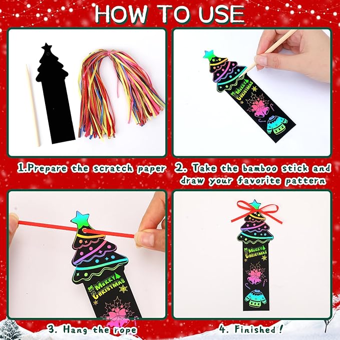 AUGSUN 96Pcs Christmas Scratch Bookmarks, Cute Christmas Tree Santa Snowman DIY Crafts Kit Rainbow Magic Scratch Paper Art for Xmas Hanging Ornaments Christmas Party Favors