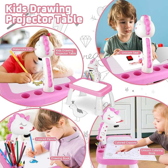 Drawing Projector for Kids，Projector for Drawing Toys for Ages 5-7，Drawing pad with Music，Pencils，Crayons，Scrapbook，Sticker Book，Unicorn Stickers，Kids Projector Unicorn Toys for Girls Age 4-6