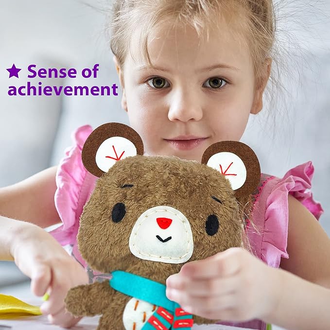 KRAFUN Teddy Bear Animal Sewing Kit for Kids Beginner My First Art & Craft, Includes Teddy Doll Stuffed Doll, Instructions & Plush Felt Materials for Learn to Sew, Embroidery, Age 7 8 9 10 11 12