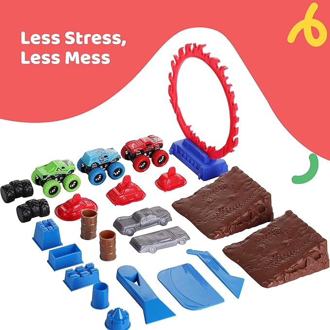 Dazmers Monster Truck Sand Play Set Sensory Kit, Sensory Bins with Lid, 2 Lbs of Sand, Jumps, Crushed Cars and Trucks, Indoor Sensory Bin for 3-4, 5 Year Old, Toddlers Sand Table