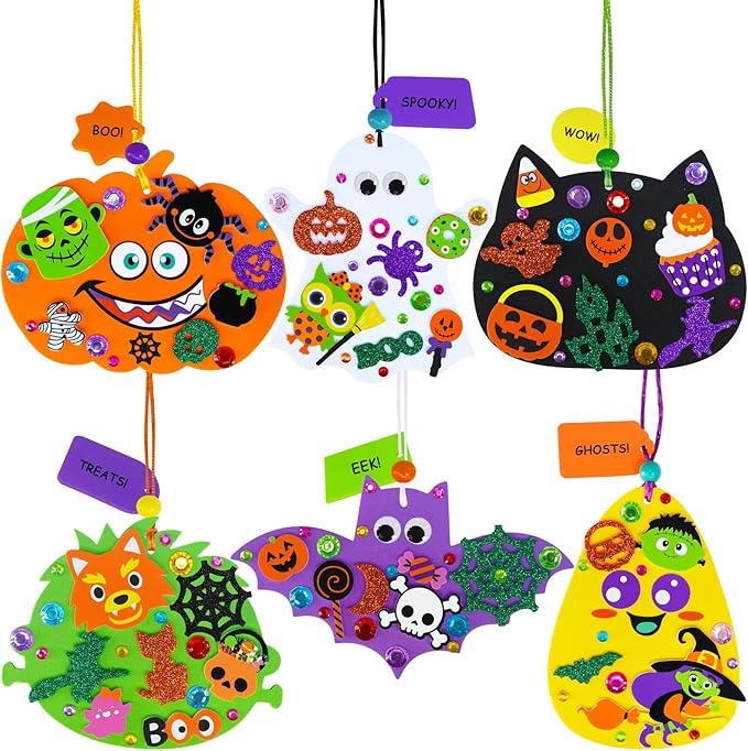 Winlyn 36 Sets Halloween Craft Kits Fall Crafts DIY Pumpkin Bat Black Cat Ghost Candy Corn Frankenstein Ornaments Art Sets Halloween Foam Stickers for Kids Classroom Activities Halloween Party Treats