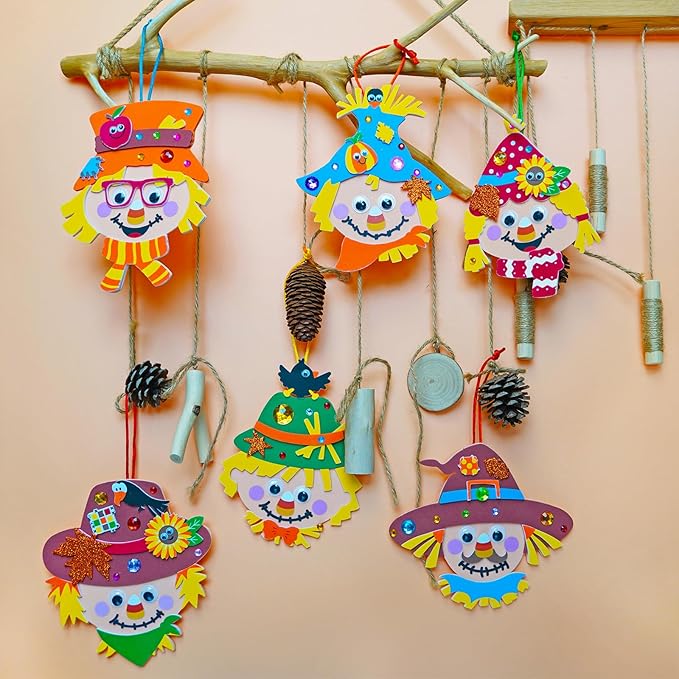 Winlyn 24 Sets Fall Craft Kits Autumn Scarecrow Crafts Fall Scarecrow Head Craft Kits Maple Leaves Pumpkins Harvest Foam Stickers Arts and Crafts for Kids Classroom Activities Holiday Party Favors