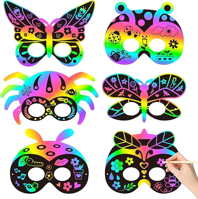 CY2SIDE 30PCS Insects Scratch Masks for Kids Spring Insects Color Scratch Masks for Kids Bugs Party Favors DIY Butterfly Bees Face Magic Art Rainbow Color Paper Craft Kits for Classroom Art Project