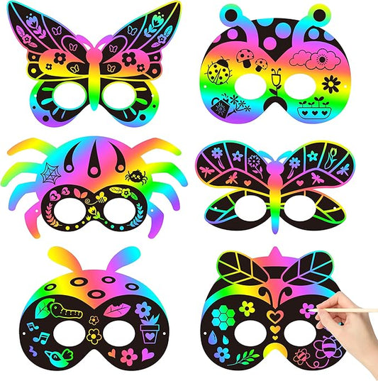 CY2SIDE 30PCS Insects Scratch Masks for Kids Spring Insects Color Scratch Masks for Kids Bugs Party Favors DIY Butterfly Bees Face Magic Art Rainbow Color Paper Craft Kits for Classroom Art Project