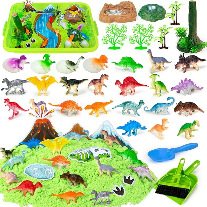 Dinosaur Sensory Bin Toys, 49 Pcs Dinosaur Sandbox Sand Kit with 2.2lb Magic Sand & Dinsoaur Figures,Sandbox with lid, Play Sand Kit, Kid Sensory Bins Birthday Gift for 3 4 5 6 7 8 Years Old