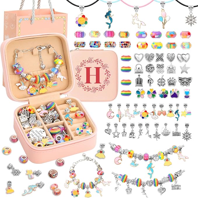 Charm Bracelet Making Kit for Girls 3-12, Kids Jewelry Making Kit 66Pcs Jewelry Kits for Girls Ages 8-12 Jewelry Maker Craft Necklace Birthday Christmas Gifts with Initial Jewelry Organizer Box - H