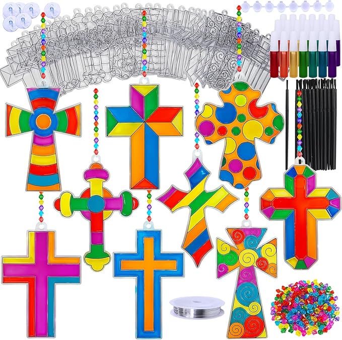 Winlyn 27 Sets Cross Suncatchers Ornaments Decorations DIY Window Paint Art Suncatchers Cross Craft Kits Cross Sun Catchers for Kids Sunday School VBS Christmas Easter Holiday Activities Party Favors