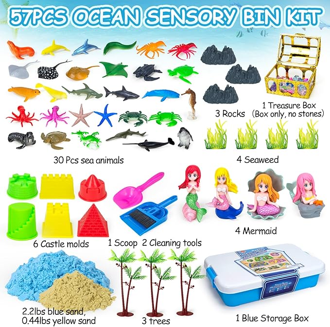 Ocean Sensory Bin, Mermaid Play Sand Kits Sensory Playsand for Boys Girls Ages 3 4 5 6 7 8 Gifts, 57 Pcs Mermaid Sensory Sand Kit Toys Castle Sea Animal Molds Sandbox Play Sand Kits Gift
