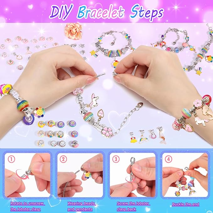 DIY Charm Bracelet Making Kit for Girls Christmas Gifts, 162Pcs Kids Jewelry Making Kit for Girls 4-6 8-12, Birthday Gifts for Girls Age 8-10 with Portable Bracelet Organizer Box
