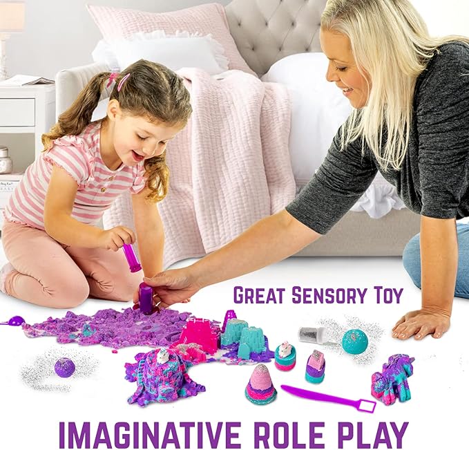 GirlZone Unicorn Sensory Bin Kingdom Sand Art Kit, 2lbs Moldable Colored Sand, 7 Tools for Kids, Rainbow Sand, Imaginative Playtime, Sensory Fun, Ideal Birthday & Holiday Gifts for Girls on Easter