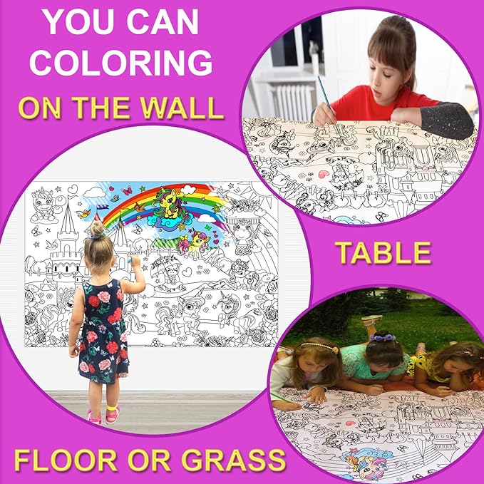Unicorn Coloring Poster with Markers - Giant Coloring Posters for Kids Birthday Party - Large Coloring Sheets Jumbo Size - Arts and Crafts for Girls Activity - Huge Big Pages to Color on Floor Table