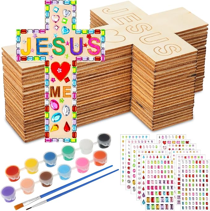 PullCrease Easter DIY Wood Cross Crafts for Kids Religious Craft Kit Sunday School Vacation Bible School Supplies 24 Pack Wooden Cross with Stickers 1 Set Paint(Classic Style)