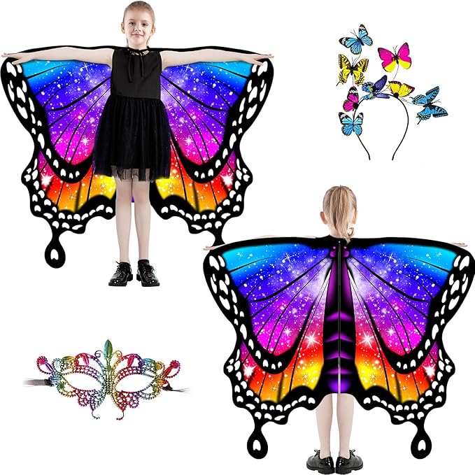 Butterfly Wings For Girls, Double-Sided Fairy Wings, Halloween Costumes for Kids, 3PCS Butterfly Cape Set.