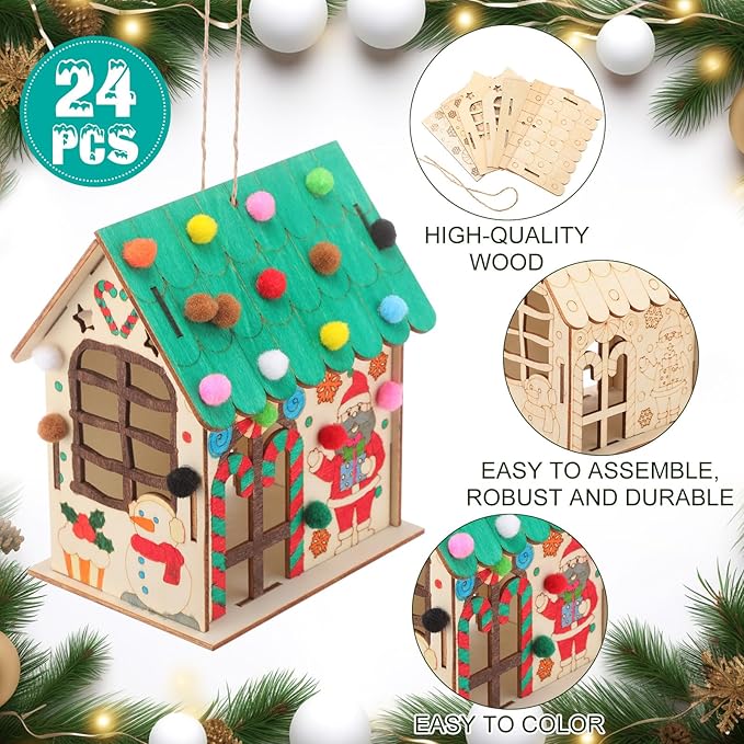 DoubleFill 24 Pcs Wood Gingerbread House Craft Kit for Kids DIY Wooden Christmas Birdhouse Craft Kits Holiday Village Houses Make a Gingerbread Wooden House for Xmas Party Game Craft Supplies