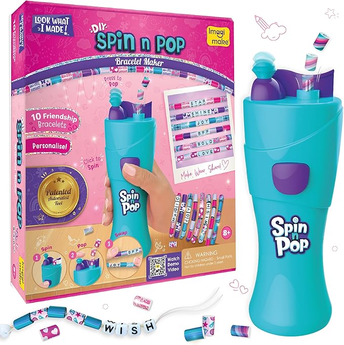 Imagimake Spin n Pop DIY Bracelet Making Kit | Patented Electric Bracelet Maker | Ages 8-13 | Create 10 Unique Bracelets with Shiny Foil Beads, Alphabet Beads & Clasps for Teen Girls