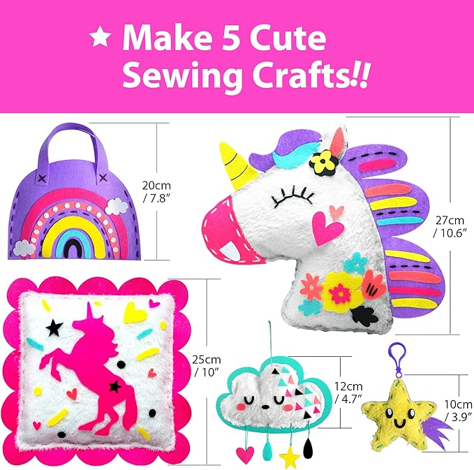 KRAFUN My First Unicorn Kids Sewing kit, Beginner Arts & Crafts, Make 5 Cute Projects with Plush Stuffed Animal, Pillow, Mobile, Keyring and Bag, Instructions & Felt for Learn Sewing, Embroidery