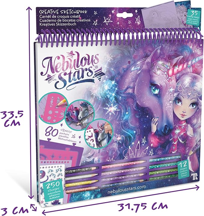 Nebulous Stars Fantasy Horses Sketchbook for Kids - 35 Large Stenciled Purple Pages - Comes with 80 Stencils