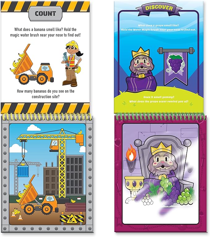 Water Magic - Patented Gourmet Scented Reusable Water Reveal Activity Books - No Mess, All Fun by Scentco (Grape Kingdom and Construction)