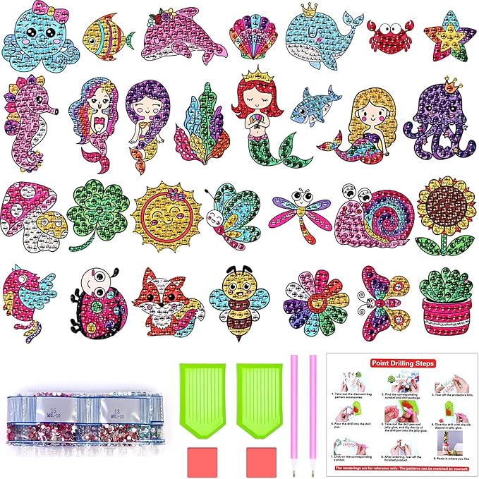 MEIEST 5D DIY Diamond Painting Stickers Kits for Kids, Mermaid Gem Mosaic Stickers Paint by Numbers Set for Children, Boys and Girls,Creative Handmade Art and Craft Gift
