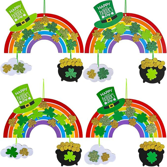 Winlyn 12 Sets St. Patrick's Day Decorations Rainbow Ornaments DIY St. Pat's Craft Kits Rainbow Four-Leaf Clover Irish Lucky Shamrock Foam Stickers for Kids Party Classroom Home Activity Art Project