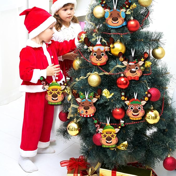Pasimy 48 Pcs Christmas Crafts Kits for Kids Christmas Reindeer Ornament Crafts DIY Reindeer Ornament Kit Make Your Own Reindeer Craft Stickers for Holiday Xmas Classroom Party Favors