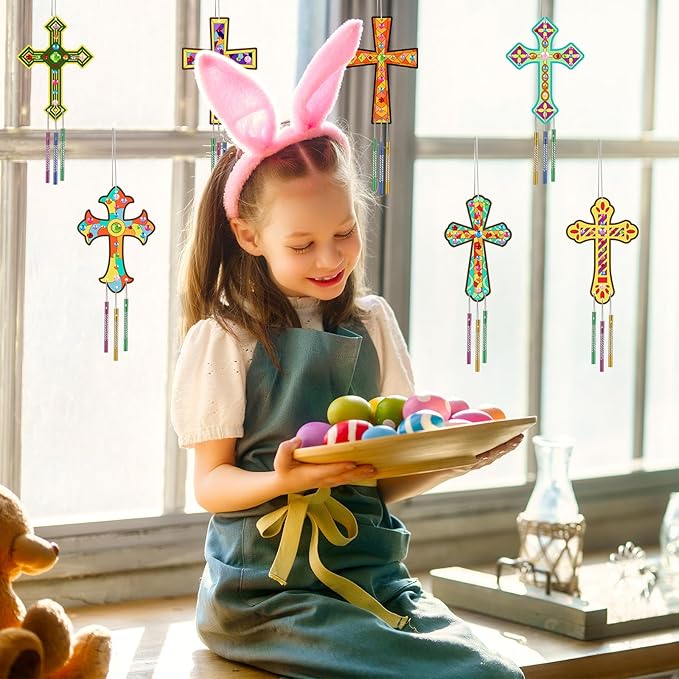 gisgfim Easter 16 Pack Cross Wind Chime Crafts Kits for Kids Make Your Own Sunday School Craft Christian Crafts Wooden DIY Arts for Party School Classroom Decorations Supplies Birthday Favors