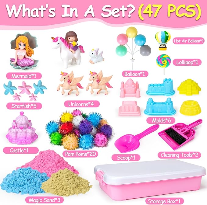 Unicorn Sensory Bin, 47Pcs Sandbox Play Sand Set Sensory Bins for Kids Toddlers Sensory Toys with Magic Sand, Unicorns, Castle Moulds, Mermaid, Tools, Sand Art Kit for Girls Ages 3 4 5 6 7 8 Gift