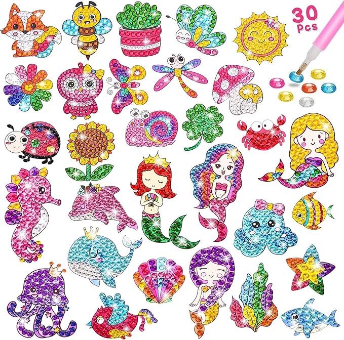 MEIEST 5D DIY Diamond Painting Stickers Kits for Kids, Mermaid Gem Mosaic Stickers Paint by Numbers Set for Children, Boys and Girls,Creative Handmade Art and Craft Gift